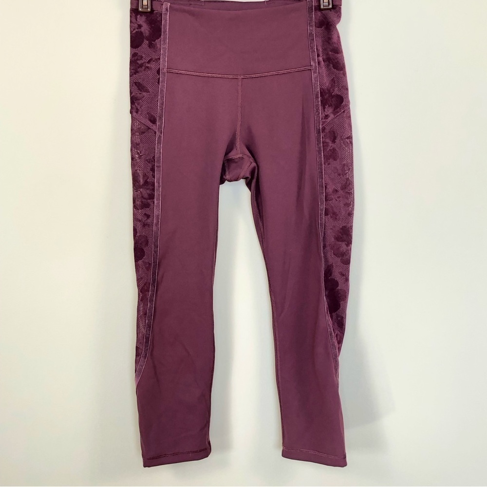 Lululemon burgundy cropped legging sheer floral mesh side panel 6